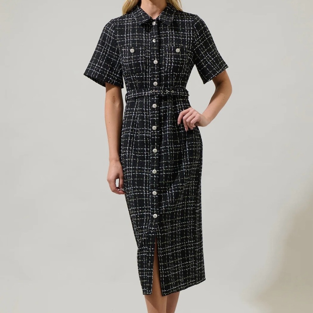 Sugarlips Brook Tweed Button Down Midi Dress